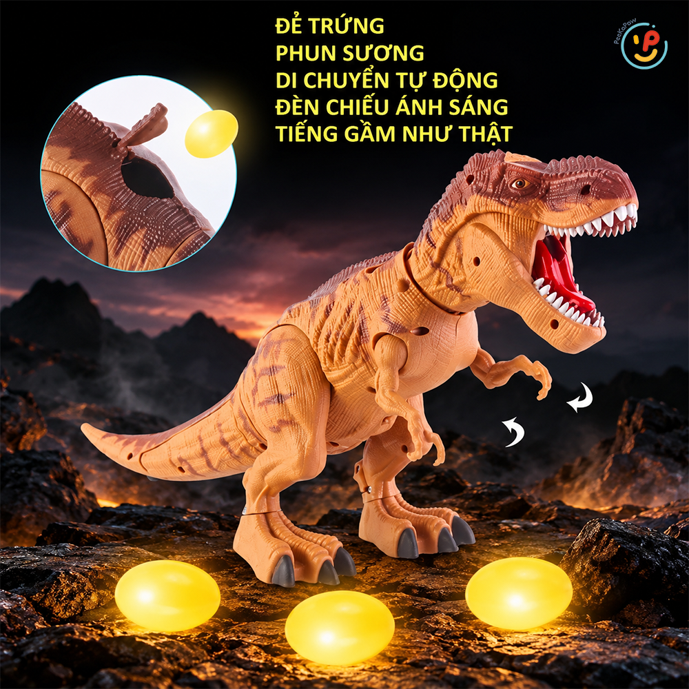 Khủng long chạy pin phun khói đẻ trứng chiếu hình 333-56 PeeKaPaw Toys