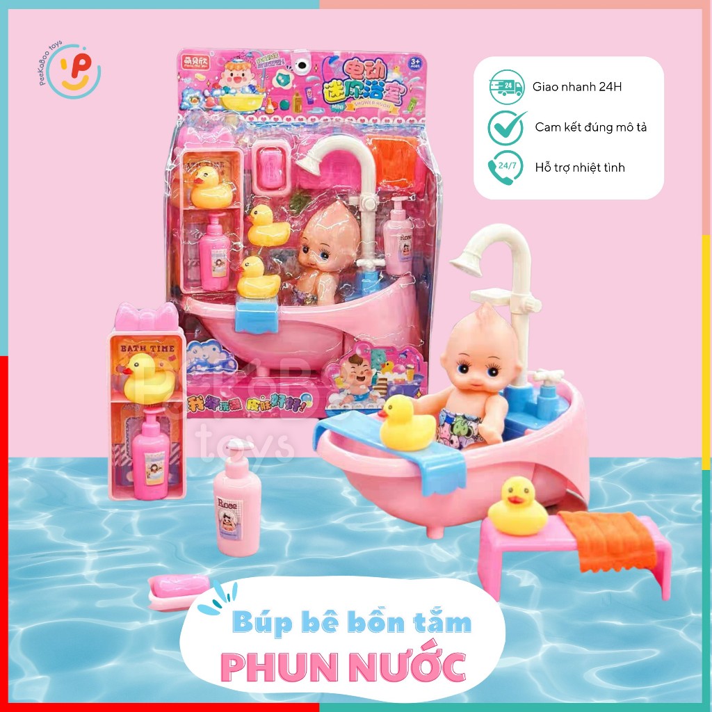 Đồ chơi búp bê bồn tắm PeeKaPaw có thể PHUN NƯỚC dùng pin kệ nhà tắm đồ chơi nhà tắm 1368