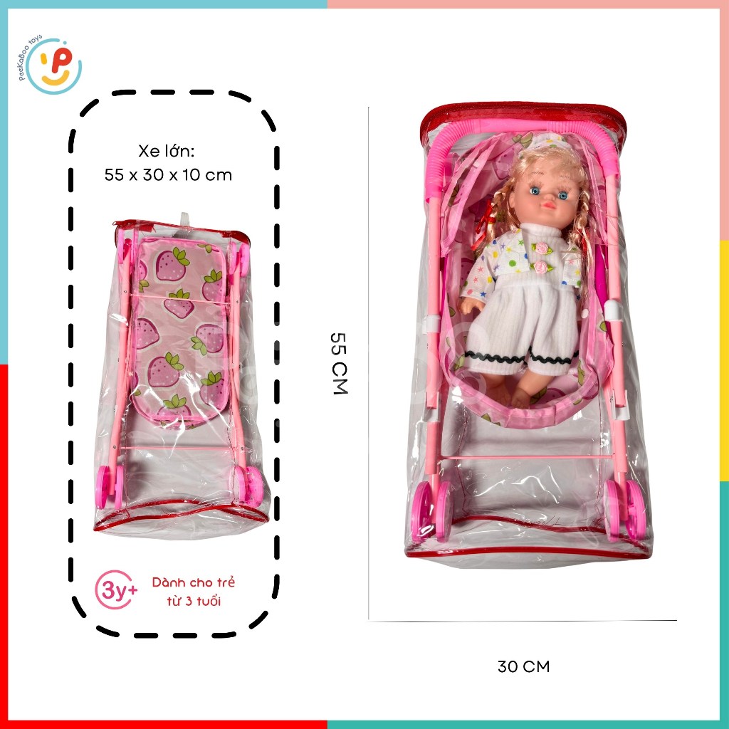 Búp bê có xe đẩy gấp lại được cho bé tập đi đồ chơi trẻ em Peekaboo Toys
