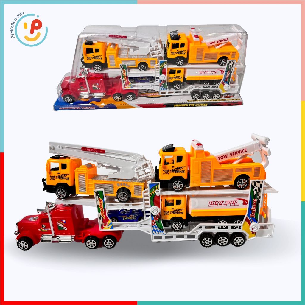 Đồ chơi mô hình xe tải lớn 2 tầng chạy trớn chở xe ô tô xe cẩu 55 cm 331 PeeKaPaw Toys