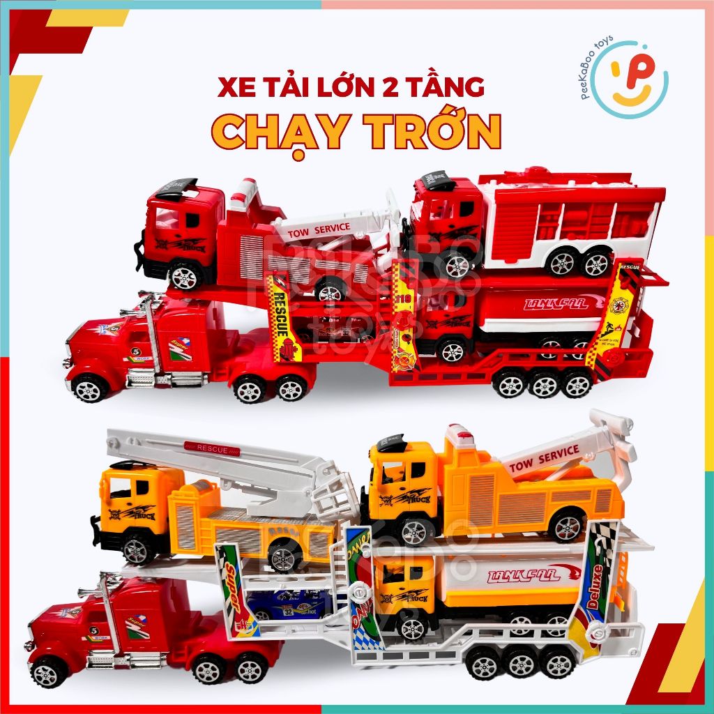 Đồ chơi mô hình xe tải lớn 2 tầng chạy trớn chở xe ô tô xe cẩu 55 cm 331 PeeKaPaw Toys