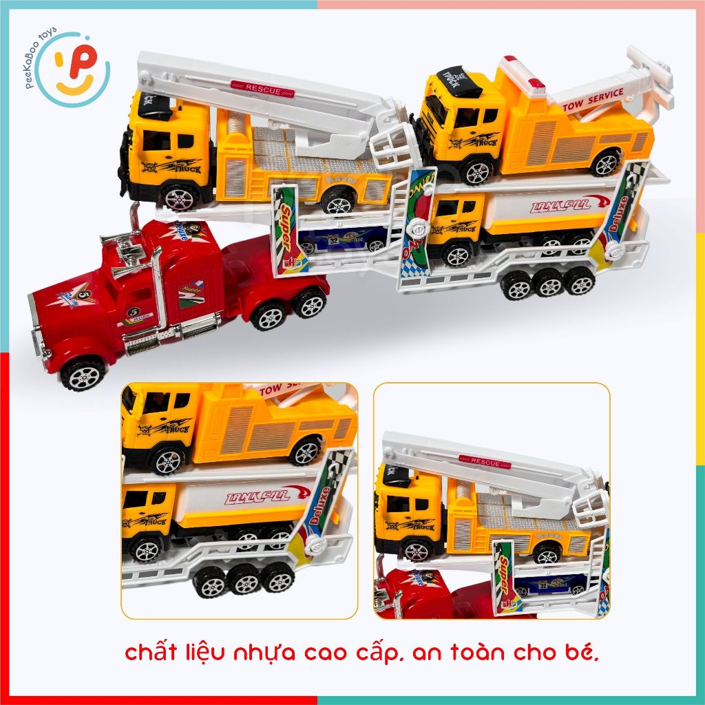 Đồ chơi mô hình xe tải lớn 2 tầng chạy trớn chở xe ô tô xe cẩu 55 cm 331 PeeKaPaw Toys