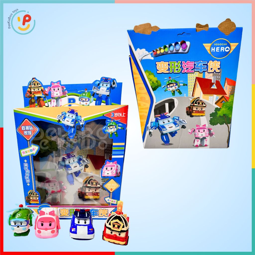 Hộp 4 xe RoboCar Poli cao cấp biến hình 2in1 mô hình xe đồ chơi chạy trớn không pin 868- 4 đồ chơi trẻ em Peekaboo Toys