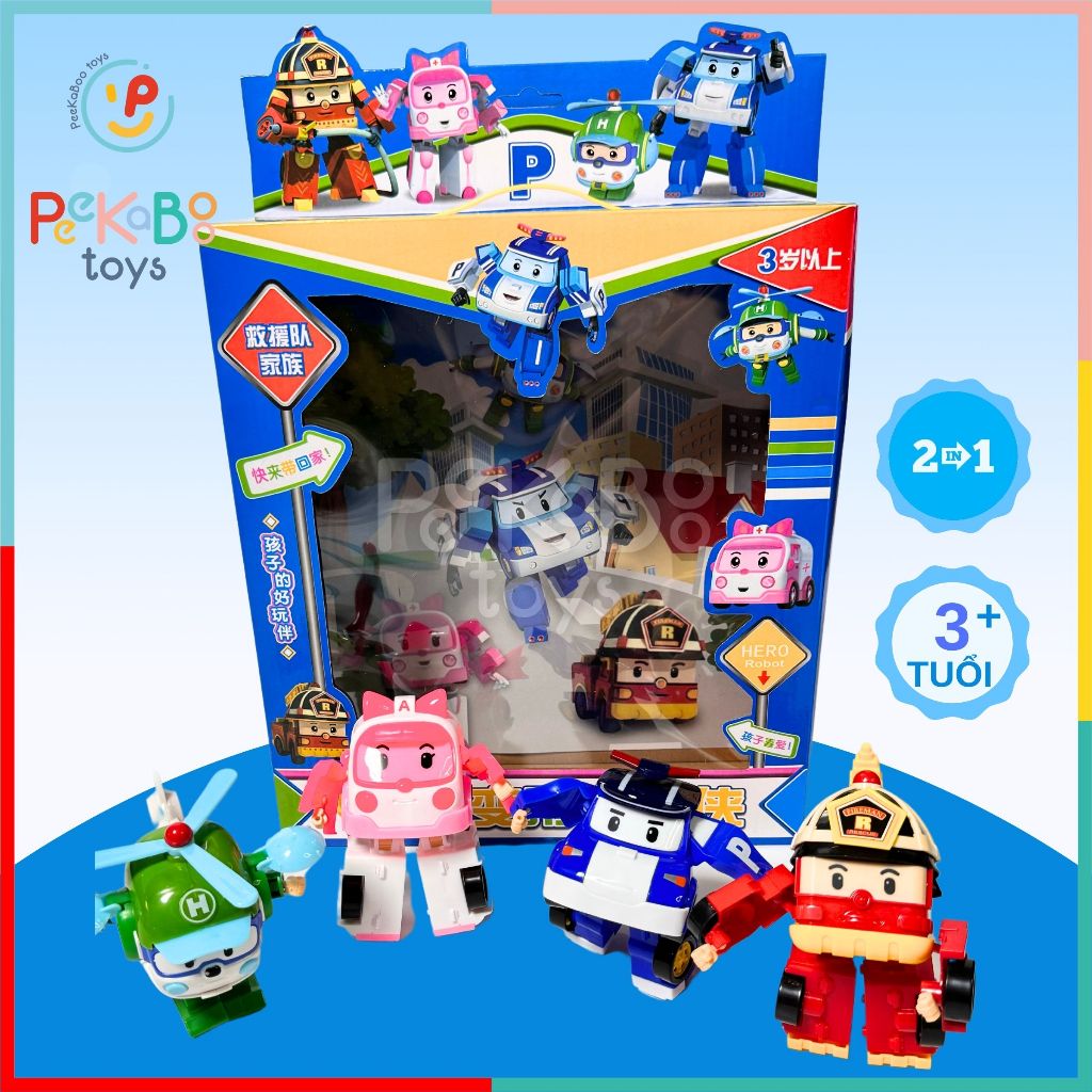 Hộp 4 xe RoboCar Poli cao cấp biến hình 2in1 mô hình xe đồ chơi chạy trớn không pin 868- 4 đồ chơi trẻ em Peekaboo Toys