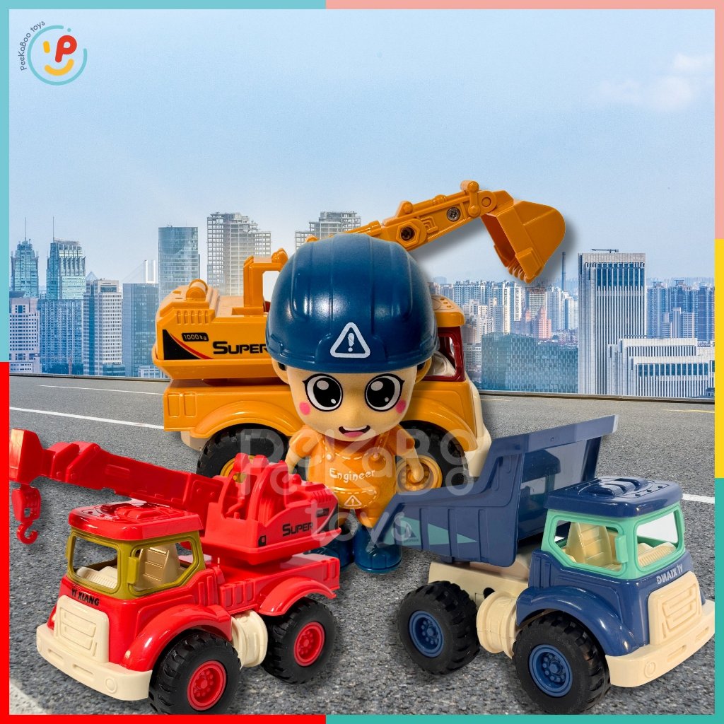 Hộp mô hình xe công trình xe cẩu xe xúc xe chở cát chạy trớn 987D đồ chơi trẻ em Peekaboo Toys