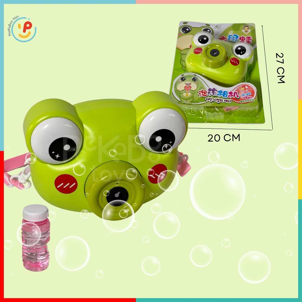 Đồ chơi thổi bong bóng máy ảnh ếch xanh heo hồng dùng pin có dây đeo tặng kèm 1 chai nước xà phòng 6475 peekabootoys
