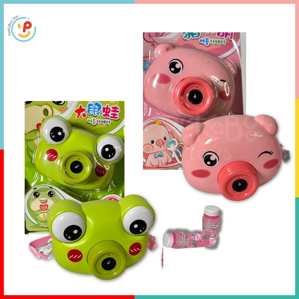 Đồ chơi thổi bong bóng máy ảnh ếch xanh heo hồng dùng pin có dây đeo tặng kèm 1 chai nước xà phòng 6475 peekabootoys