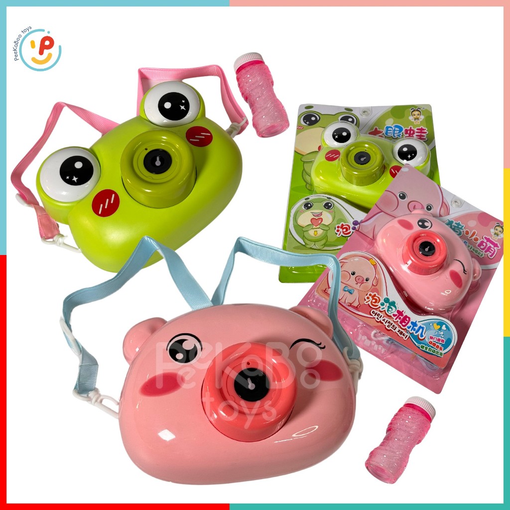 Đồ chơi thổi bong bóng máy ảnh ếch xanh heo hồng dùng pin có dây đeo tặng kèm 1 chai nước xà phòng 6475 peekabootoys