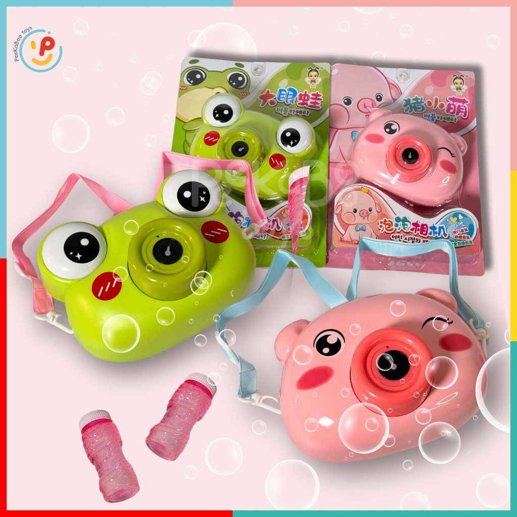Đồ chơi thổi bong bóng máy ảnh ếch xanh heo hồng dùng pin có dây đeo tặng kèm 1 chai nước xà phòng 6475 peekabootoys
