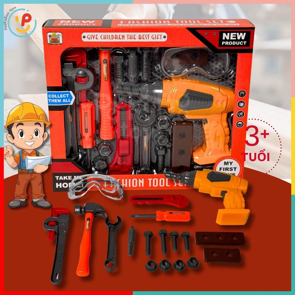 Đồ chơi dụng cụ sửa chữa lắp ốc vít mô phỏng có máy khoan được 36778-79 PeeKaPaw Toys