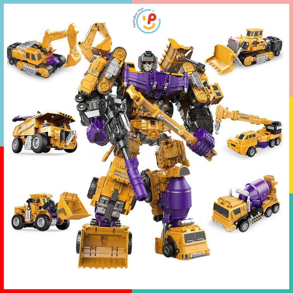 Hộp robot biến hình xe công trường cao cấp 625 xe bồn xe cẩu xe xúc xe ủi