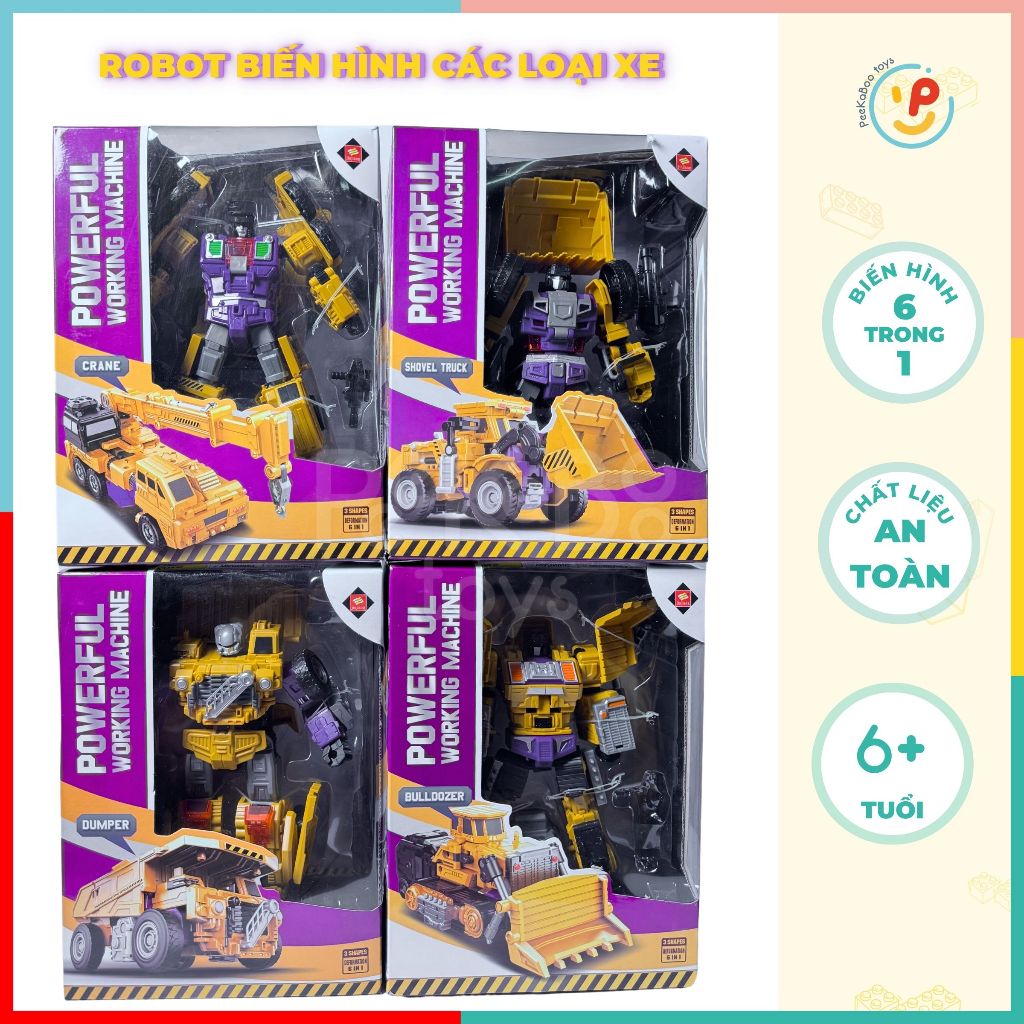Hộp robot biến hình xe công trường cao cấp 625 xe bồn xe cẩu xe xúc xe ủi