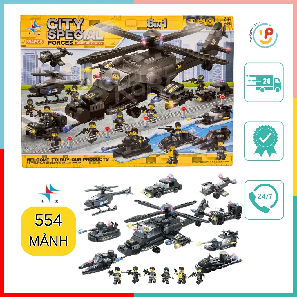 Bộ xếp hình lắp ráp City Special Forces Trực thăng 554 mảnh 8in1 A325 đồ chơi trẻ em Peekaboo Toys