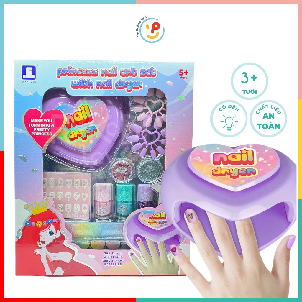 Đồ chơi làm đẹp cho bé bộ có máy hơ móng tay 2106 dùng pin có đèn sơn móng tay sticker kim tuyến móng giả