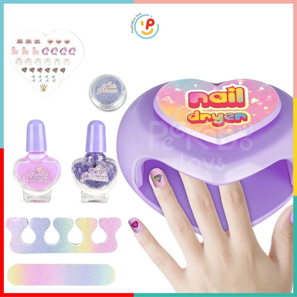Đồ chơi làm đẹp cho bé bộ có máy hơ móng tay 2106 dùng pin có đèn sơn móng tay sticker kim tuyến móng giả