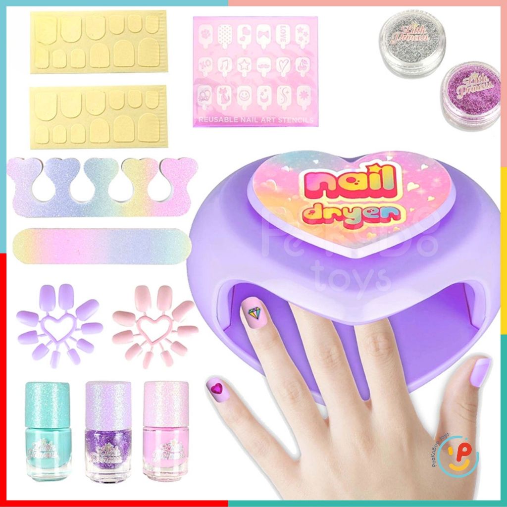 Đồ chơi làm đẹp cho bé bộ có máy hơ móng tay 2106 dùng pin có đèn sơn móng tay sticker kim tuyến móng giả