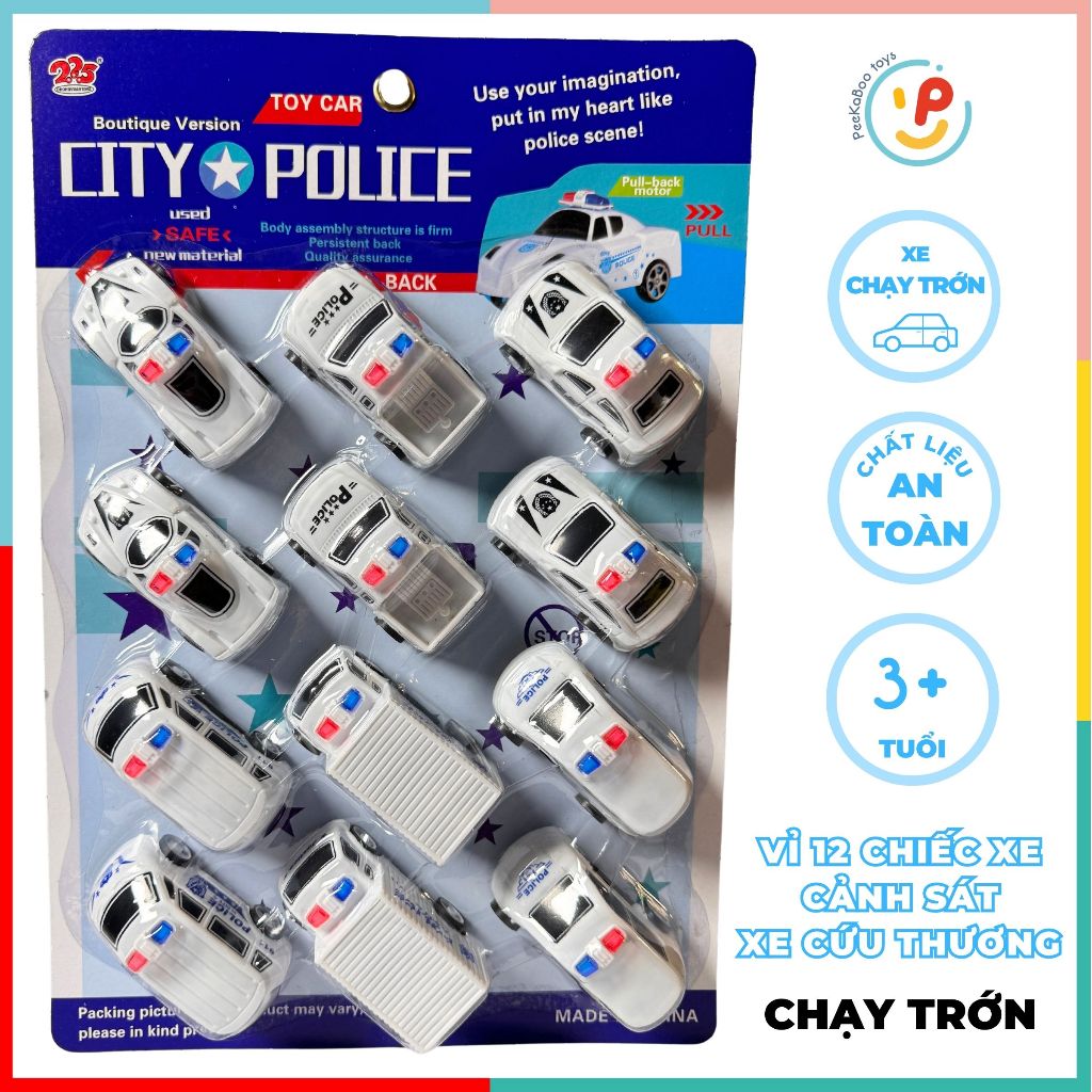 Đồ chơi vỉ 12 chiếc xe cảnh sát xe cứu thương chạy trớn 225-7716A PeeKaPaw