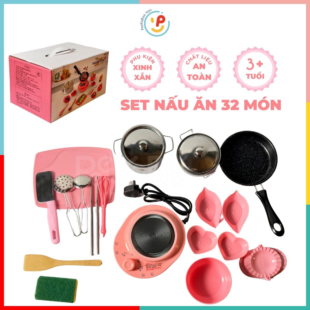 Bộ đồ chơi dụng cụ nhà bếp có bếp từ nấu ăn được cho bé màu hồng 022