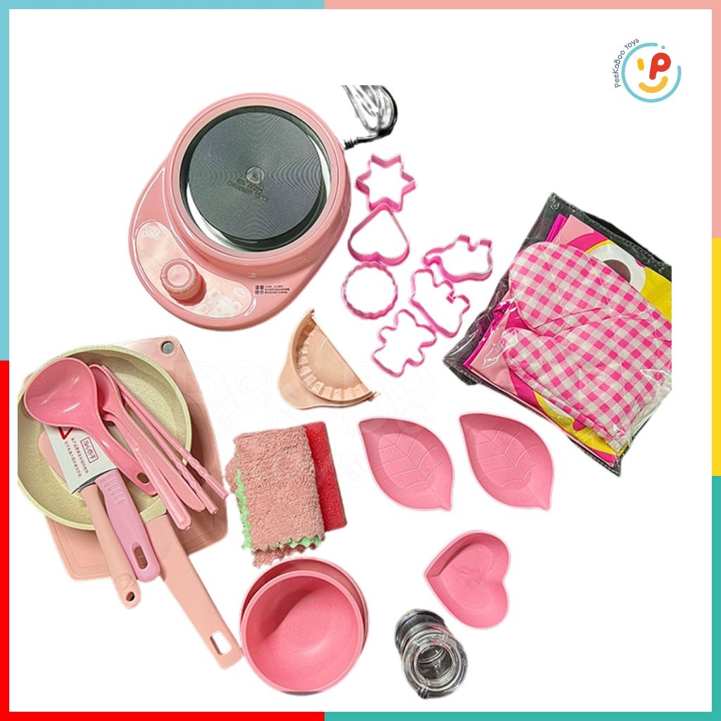 Bộ đồ chơi dụng cụ nhà bếp có bếp từ nấu ăn được cho bé màu hồng 022