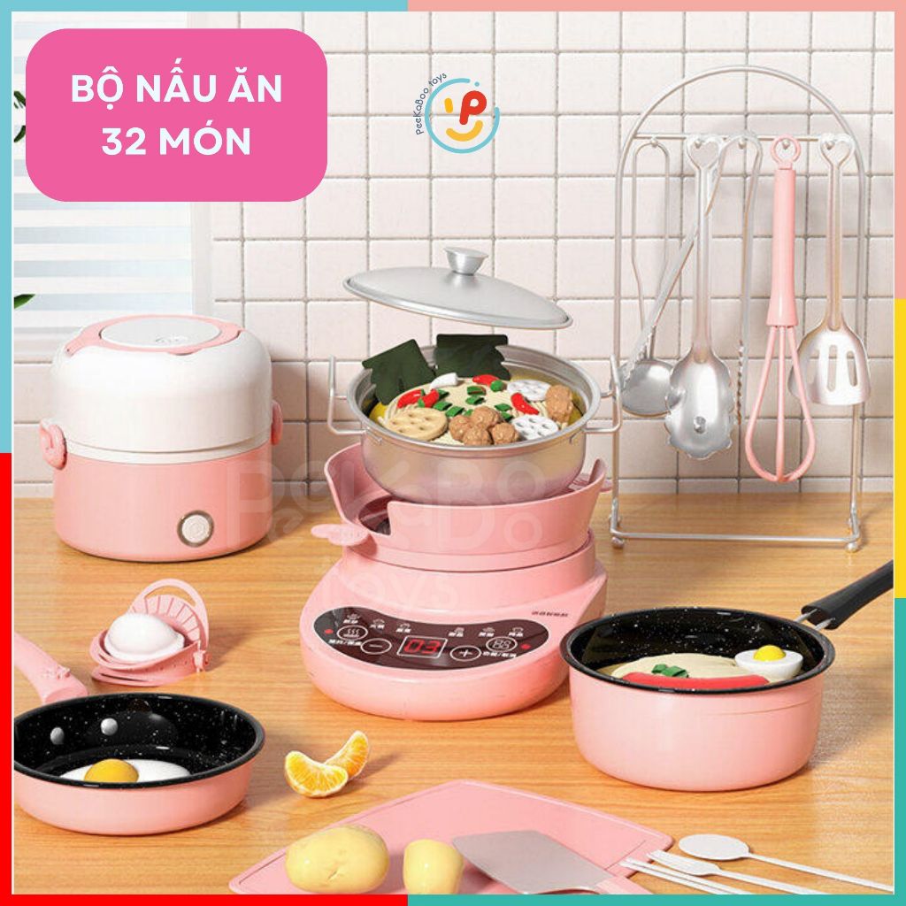 Bộ đồ chơi dụng cụ nhà bếp có bếp từ nấu ăn được cho bé màu hồng 022
