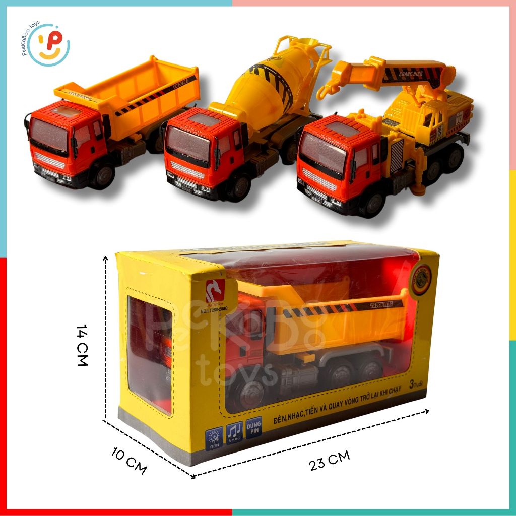 (Hàng VN) Xe công trình hạng nặng dùng pin CÓ ĐÈN NHẠC XOAY VÒNG khi lái 268 Peekabootoys