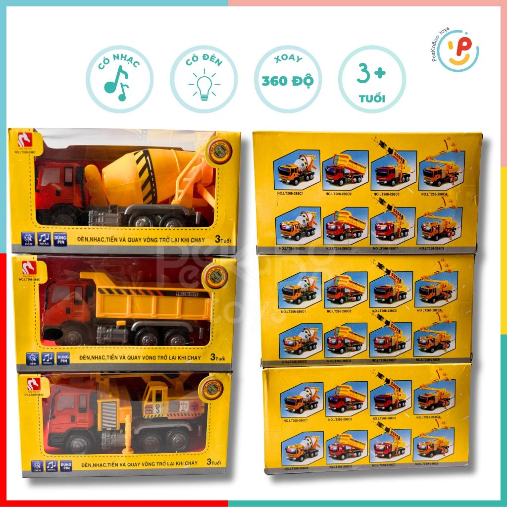 (Hàng VN) Xe công trình hạng nặng dùng pin CÓ ĐÈN NHẠC XOAY VÒNG khi lái 268 Peekabootoys