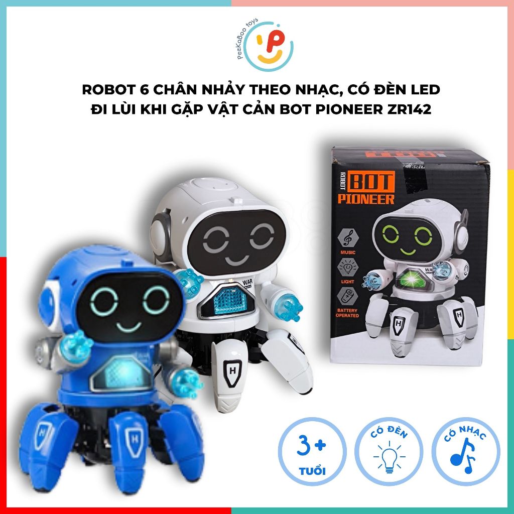 Robot dùng pin có đèn 7 màu cử động tay đi lùi khi gặp vật cản Bot Pioneer ZR142 peekabootoys