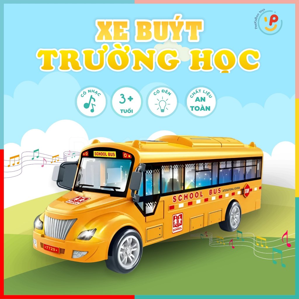 Xe buýt trường học School Bus dùng pin có đèn âm thanh cửa mở đóng được 7729 Peekabootoys