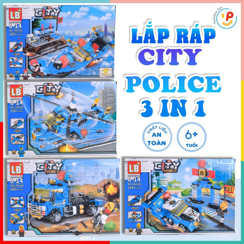 Hộp xếp hình lắp ráp CITY POLICE 3 in 1 thành phố cảnh sát LB4105 Peekabootoys