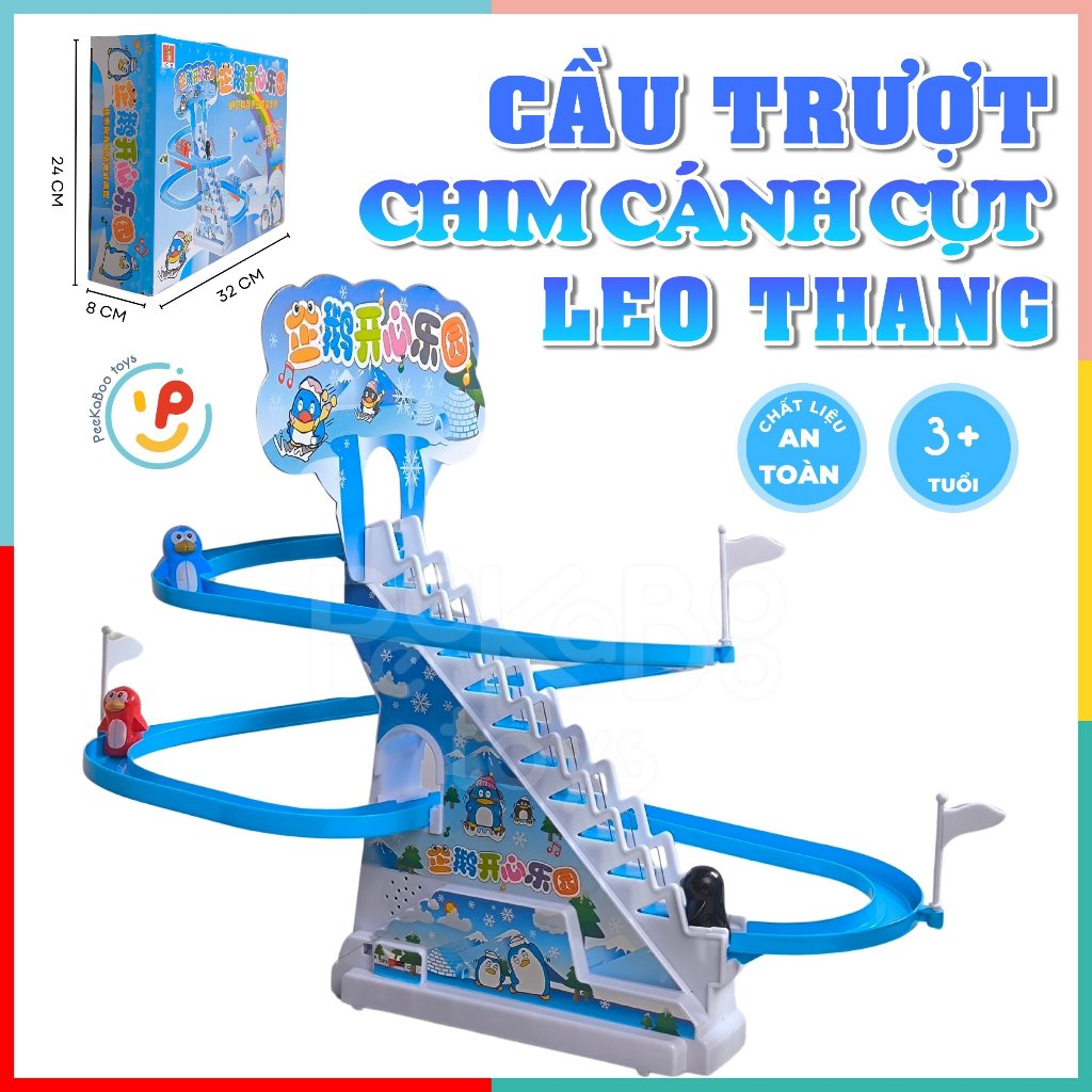 Đồ chơi cầu trượt 3 chú chim cánh cụt leo thang dùng pin có nhạc 777-3 Peekabootoys