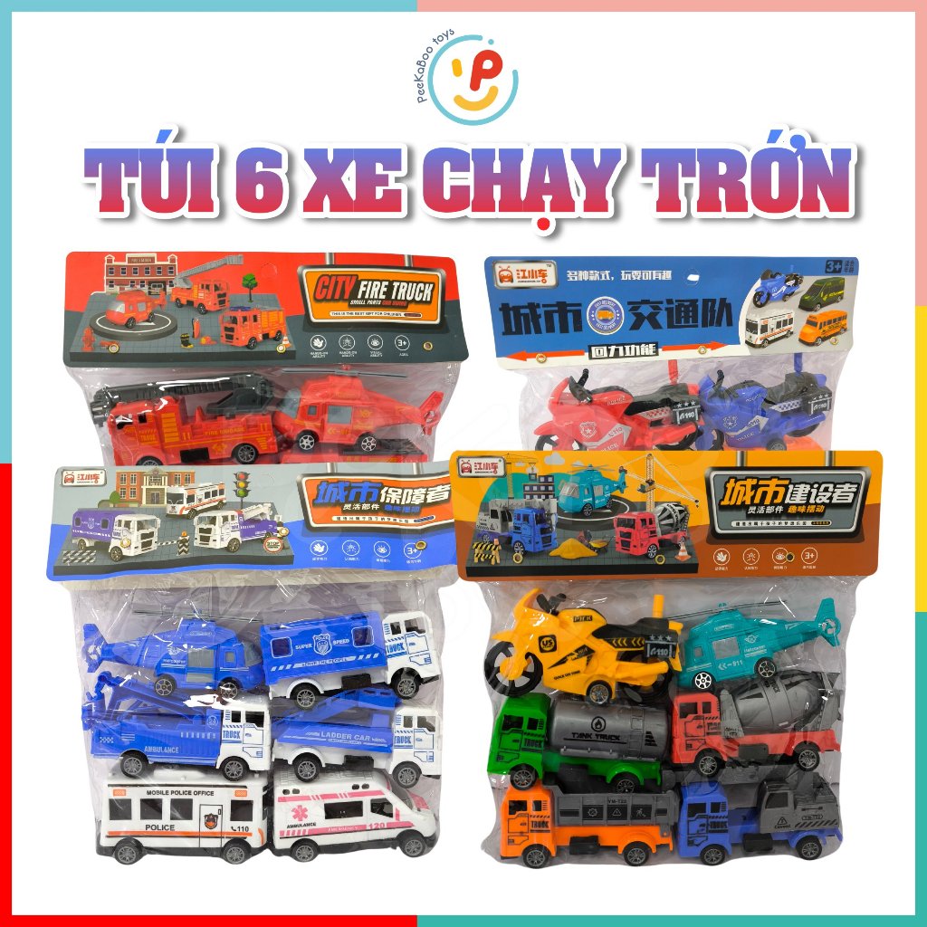 Túi 6 chiếc xe đồ chơi cho bé nhiều loại phương tiện chạy trớn 832 peekabootoys
