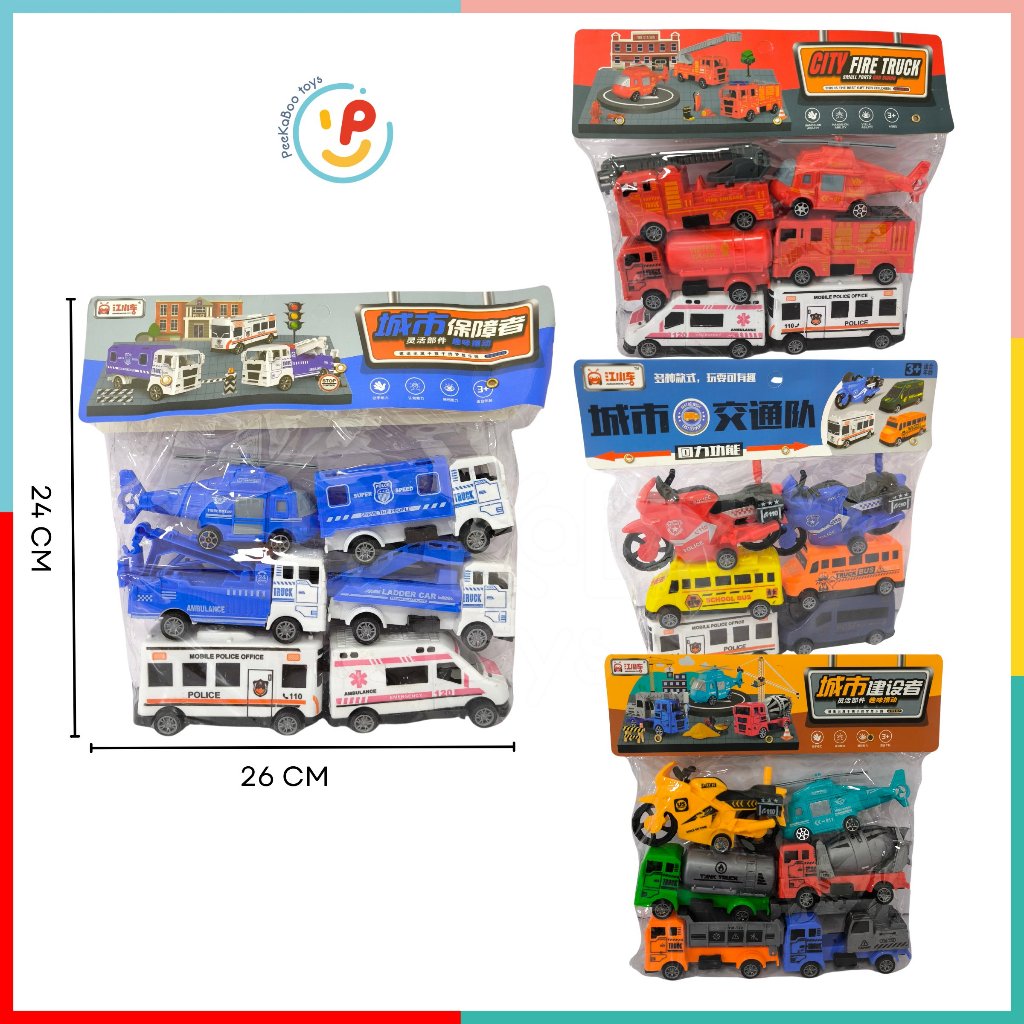 Túi 6 chiếc xe đồ chơi cho bé nhiều loại phương tiện chạy trớn 832 peekabootoys