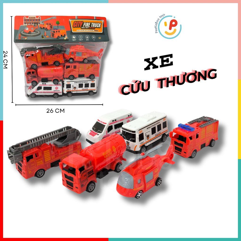 Túi 6 chiếc xe đồ chơi cho bé nhiều loại phương tiện chạy trớn 832 peekabootoys