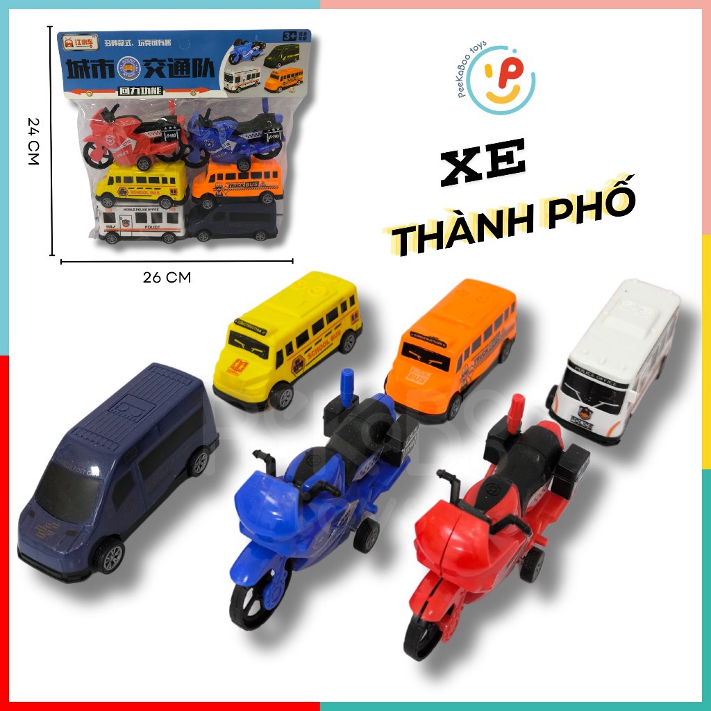 Túi 6 chiếc xe đồ chơi cho bé nhiều loại phương tiện chạy trớn 832 peekabootoys
