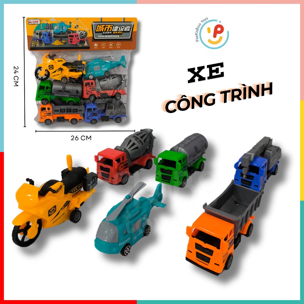 Túi 6 chiếc xe đồ chơi cho bé nhiều loại phương tiện chạy trớn 832 peekabootoys