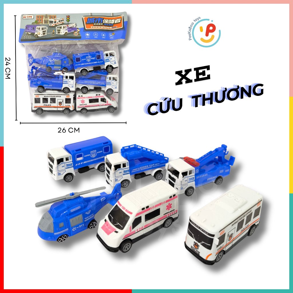 Túi 6 chiếc xe đồ chơi cho bé nhiều loại phương tiện chạy trớn 832 peekabootoys