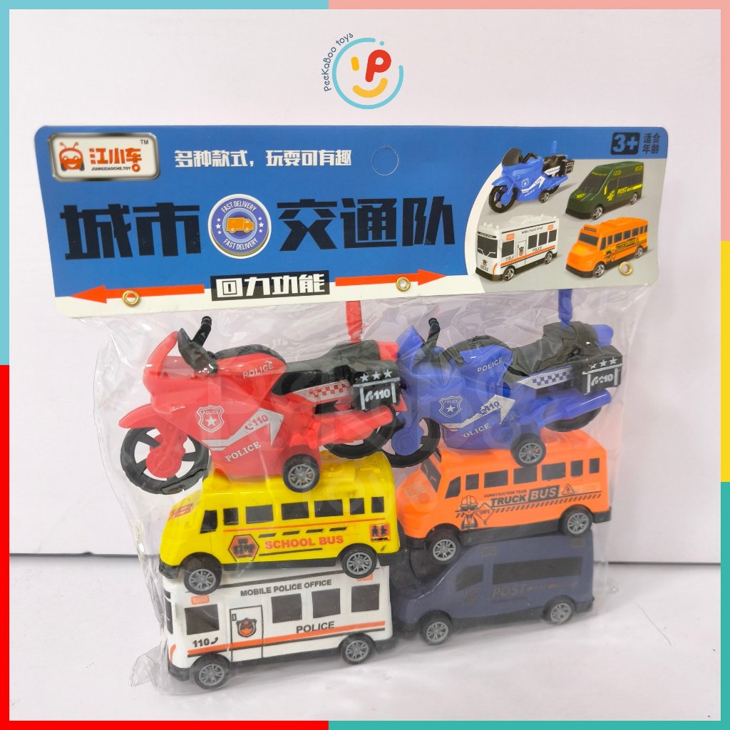 Túi 6 chiếc xe đồ chơi cho bé nhiều loại phương tiện chạy trớn 832 peekabootoys