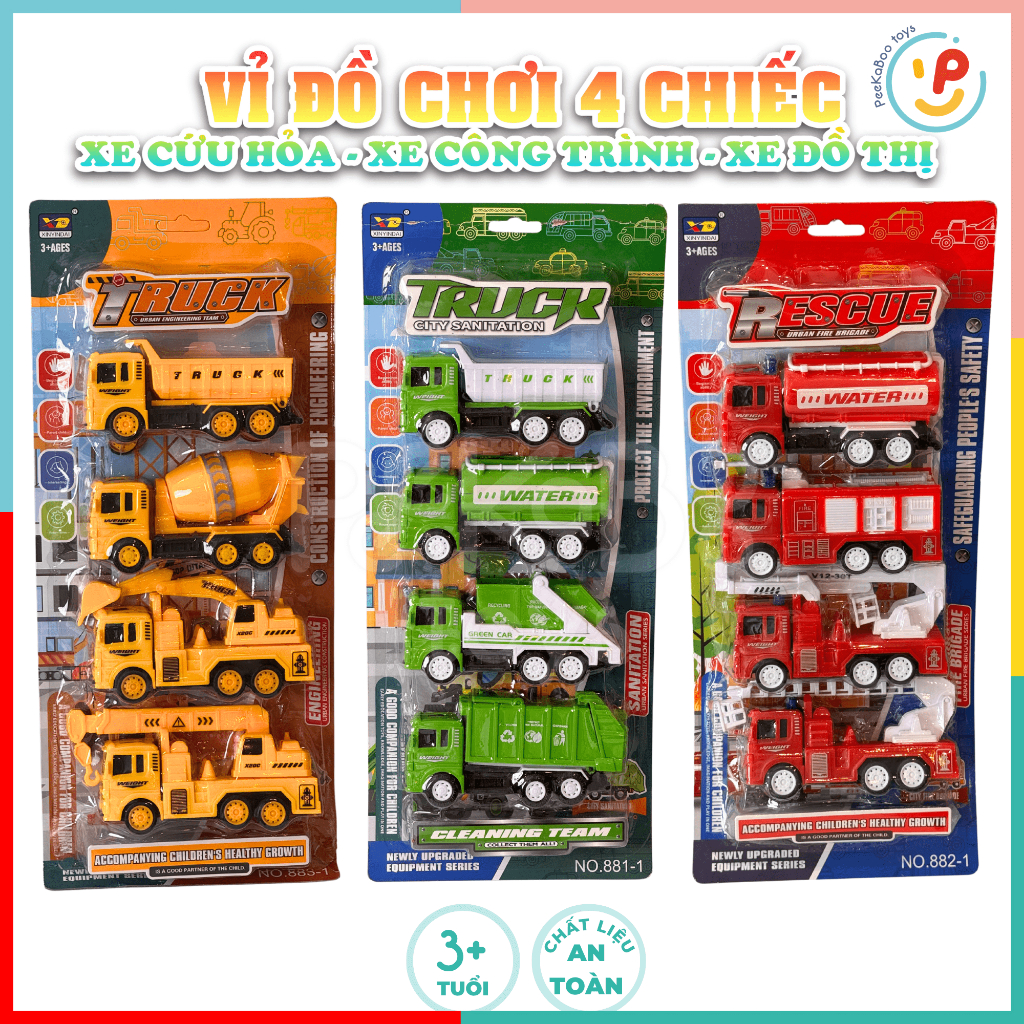 VỈ 4 CHIẾC XE CỨU HỎA, XE CÔNG TRÌNH, XE ĐÔ THỊ NHIỀU MẪU PeeKaPaw Toys