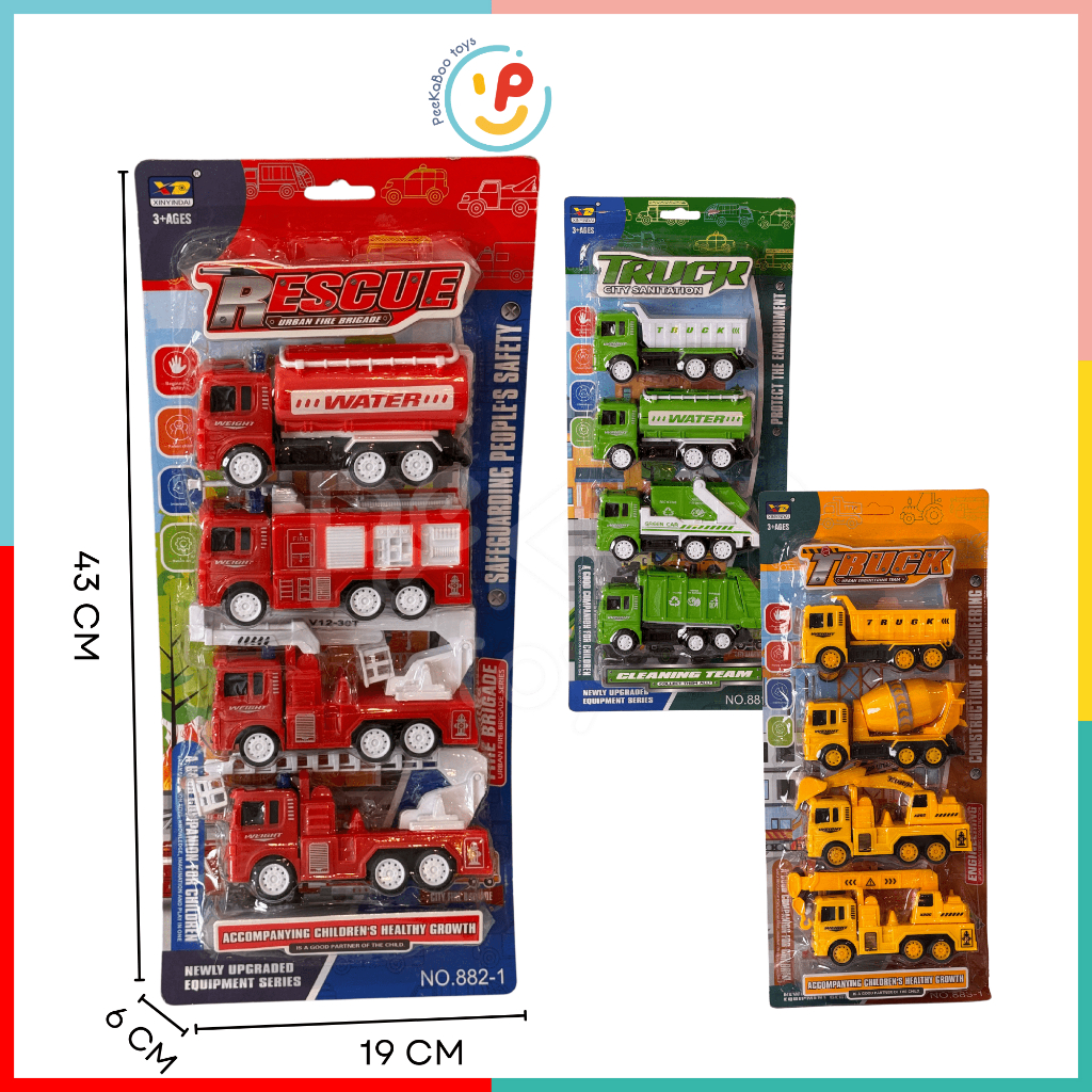 VỈ 4 CHIẾC XE CỨU HỎA, XE CÔNG TRÌNH, XE ĐÔ THỊ NHIỀU MẪU PeeKaPaw Toys