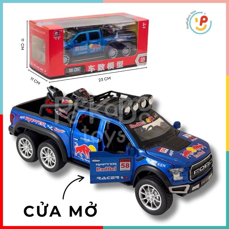 Đồ chơi mô hình xe Jeep Red Bull chở xe mô tô 23cm chất liệu hợp kim cao cấp có pin có đèn và âm thanh PeeKaPaw