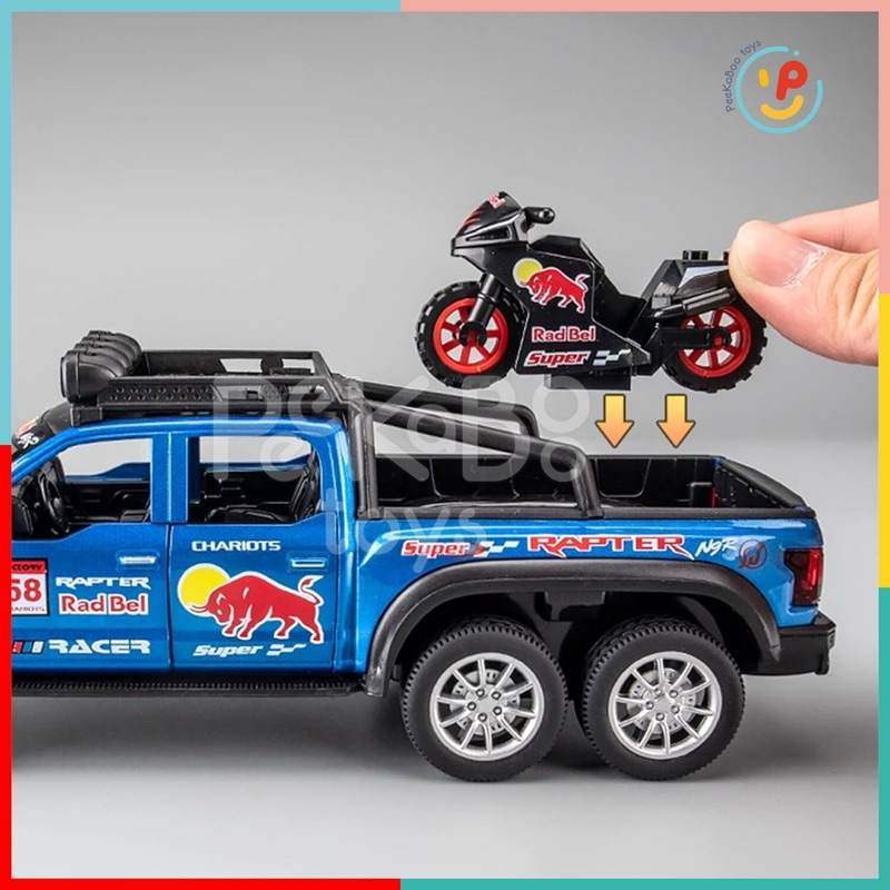 Đồ chơi mô hình xe Jeep Red Bull chở xe mô tô 23cm chất liệu hợp kim cao cấp có pin có đèn và âm thanh PeeKaPaw