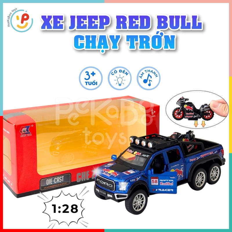 Đồ chơi mô hình xe Jeep Red Bull chở xe mô tô 23cm chất liệu hợp kim cao cấp có pin có đèn và âm thanh PeeKaPaw