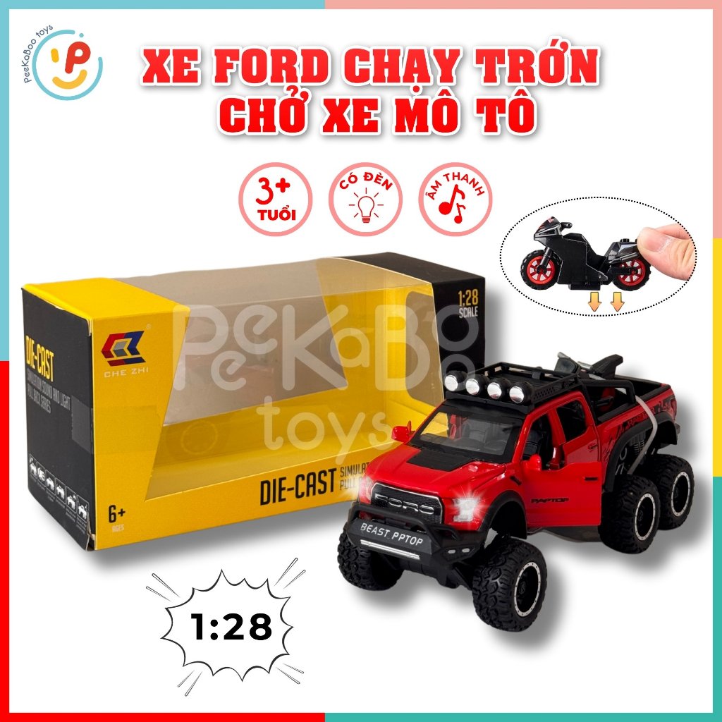 Đồ chơi xe Ford chở mô tô 30cm chất liệu hợp kim có đèn và âm thanh CZ24 PeeKaPaw Toys