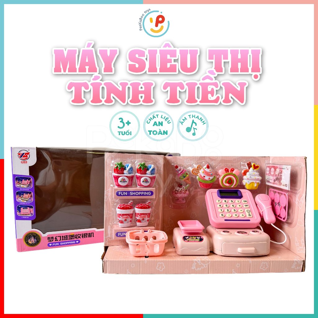Đồ Chơi Máy Tính Siêu Thị Mini Màu Hồng Có Đèn Nhạc, Giỏ Mua Sắm & Phụ Kiện 222-161 PeeKaPaw Toys