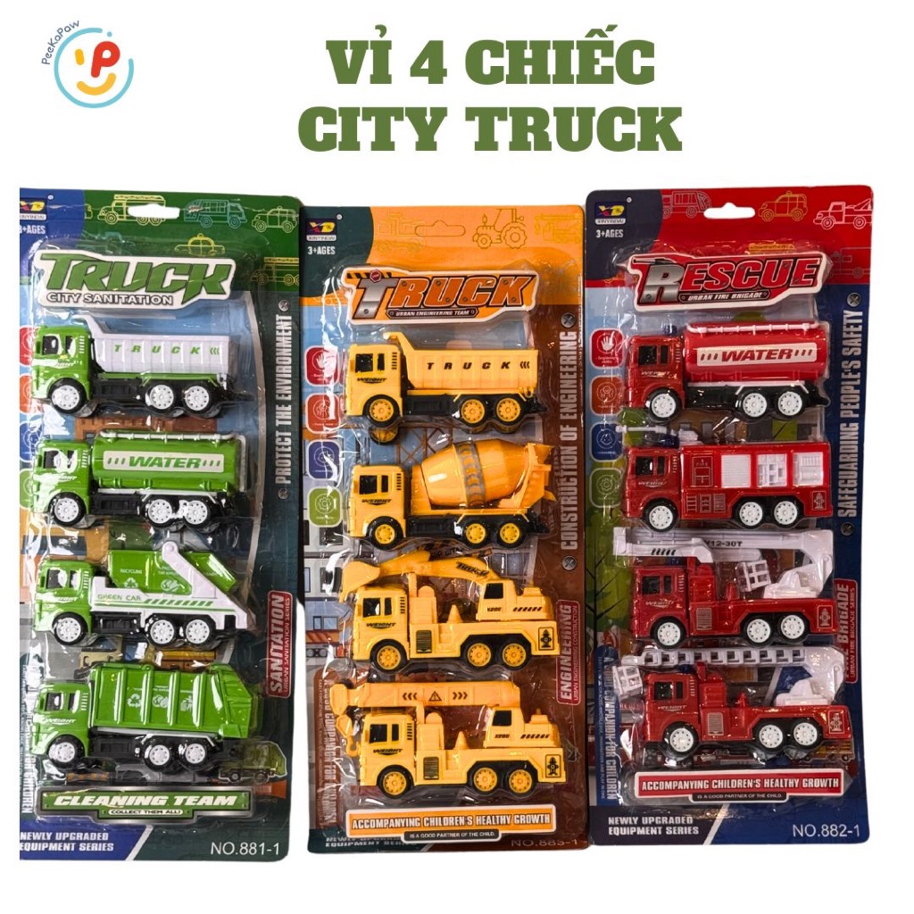 VỈ 4 CHIẾC XE CỨU HỎA, XE CÔNG TRÌNH, XE ĐÔ THỊ NHIỀU MẪU PeeKaPaw Toys