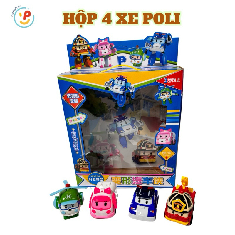 Hộp 4 xe RoboCar Poli cao cấp biến hình 2in1 mô hình xe đồ chơi chạy trớn không pin 868- 4 đồ chơi trẻ em Peekaboo Toys