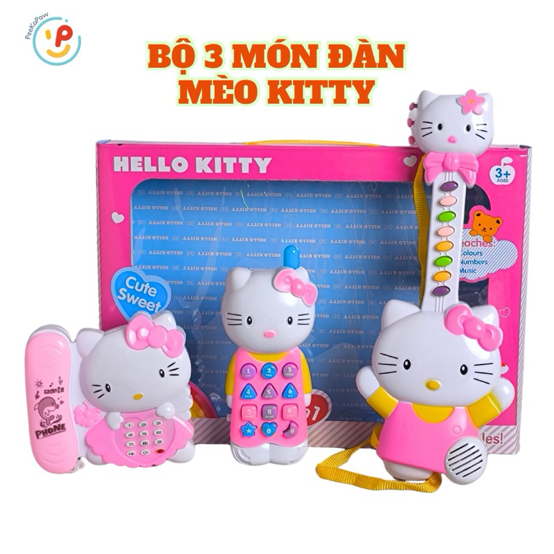 Đồ chơi 3 món Mèo Hello Kitty đàn guitar điện thoại có nhạc vui nhộn 1203 PeeKaPaw Toys