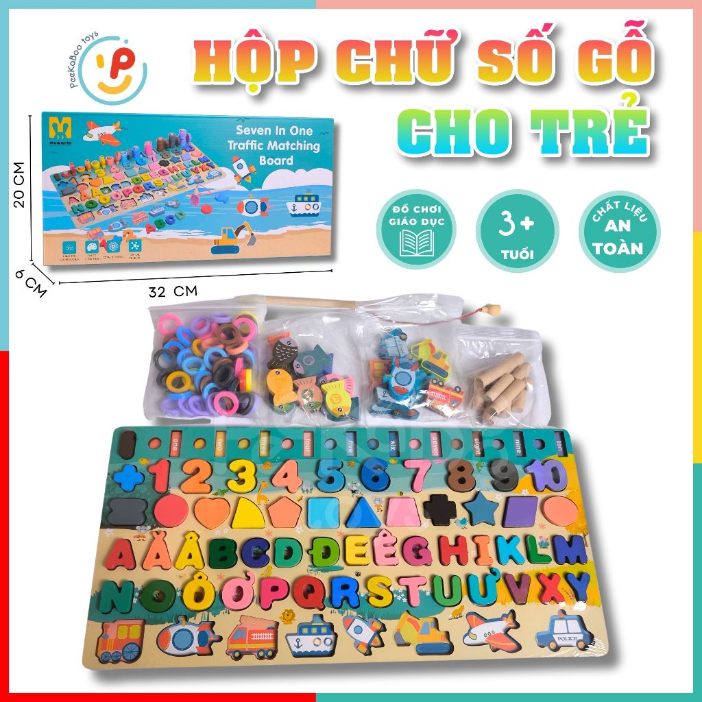 Hộp đồ chơi peekabootoys bằng gỗ cho bé tập xếp chữ số hình khối thông minh