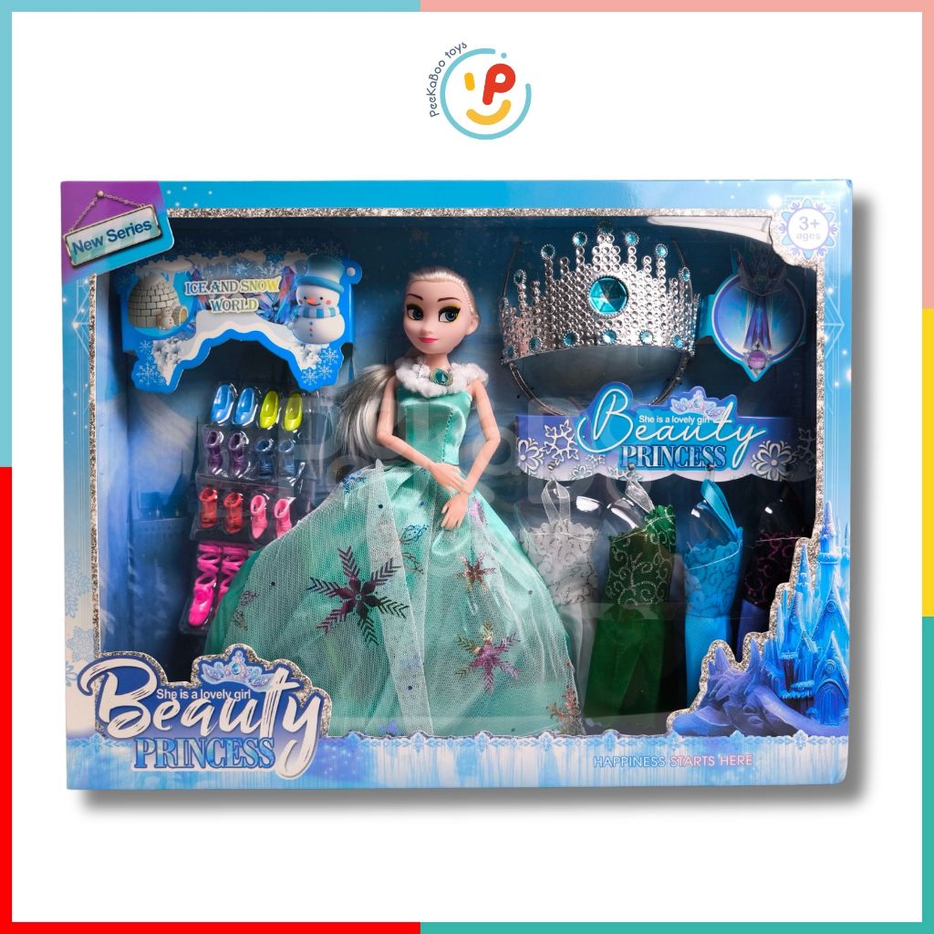 Đồ chơi peekabootoys Búp bê công chúa tuyết Elsa vương miện và phụ kiện váy hộp 42 cm 3028