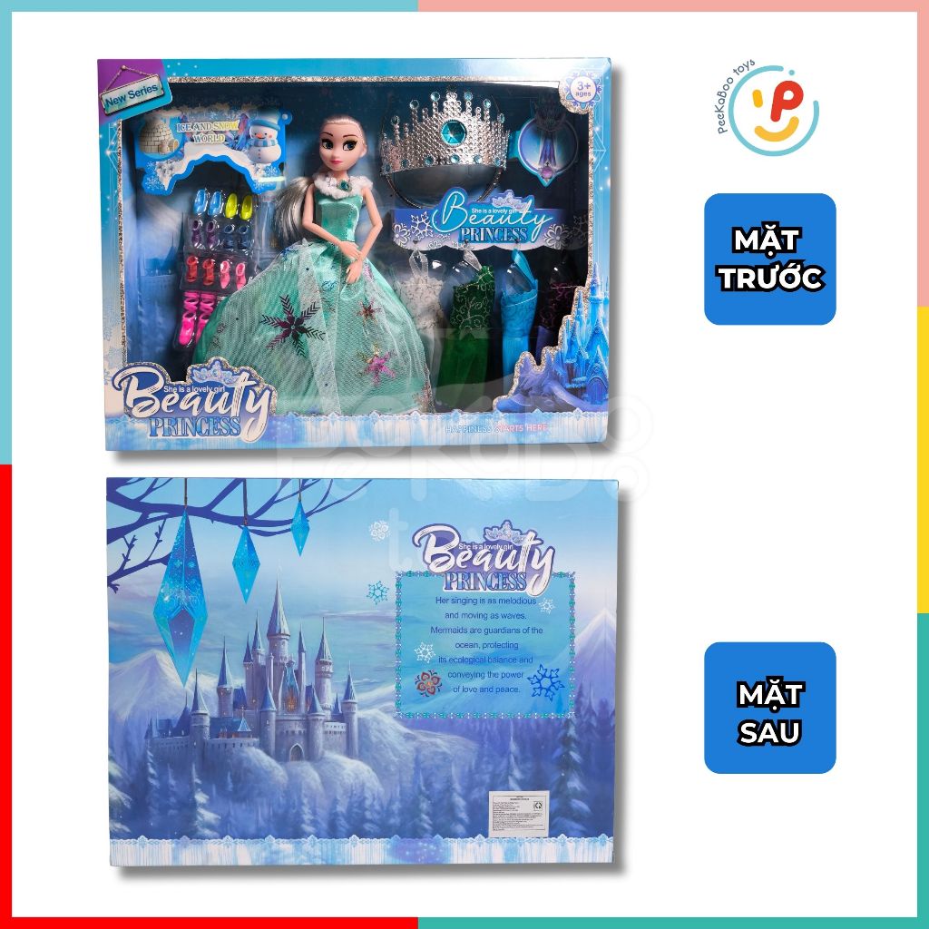 Đồ chơi peekabootoys Búp bê công chúa tuyết Elsa vương miện và phụ kiện váy hộp 42 cm 3028